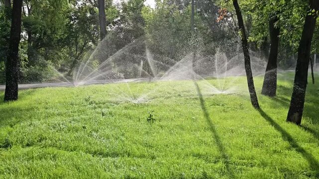 Wide-angle shot of multiple automated sprinklers spraying jets of water over a vibrant green lawn in a city park. Sunlight illuminates the water streams and lush grass.