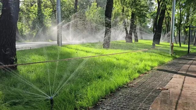 Wide-angle shot of multiple automated sprinklers spraying jets of water over a vibrant green lawn in a city park. Sunlight illuminates the water streams and lush grass.