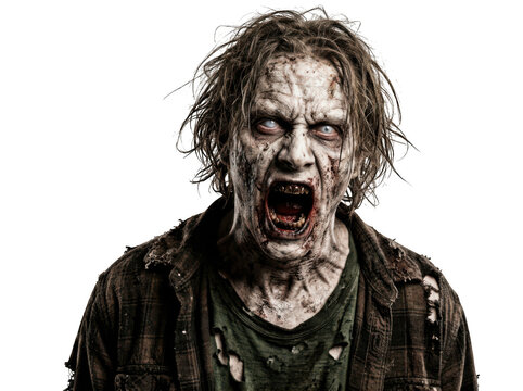 Scary zombie man with open mouth and white eyes isolated on transparent background