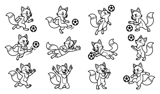 Cute fox cartoon coloring book character playing soccer vector illustration set line art isolated on white
