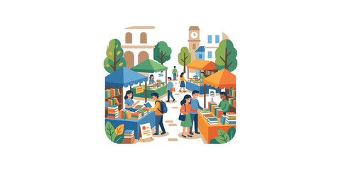 Naklejka premium Vibrant outdoor street market illustration featuring diverse people shopping at stalls.