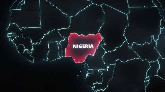 Glowing digital map of Nigeria, Africa, featuring a bright red highlight and white typography, ideal for a geopolitical news graphic or corporate presentation.