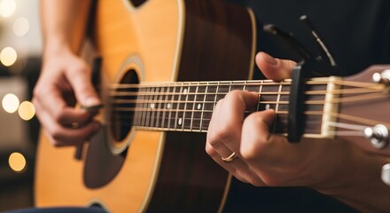 Obraz premium Close up of musician hands playing acoustic guitar with capo and warm bokeh background lights