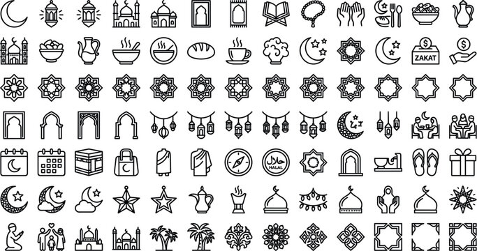Islamic Ramadan Kareem and Eid Mubarak line icon set featuring crescent moons mosques lanterns arabesque geometric stars quran zakat and decorative frames.
