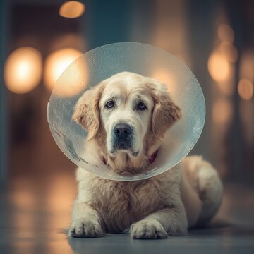 Golden retriever dog wearing a protective cone collar indoors. AI generated image