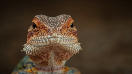 Fototapeta premium Close-up of a bearded dragon, a lizard known for its spiny throat and calm demeanor. Reptile and wildlife.