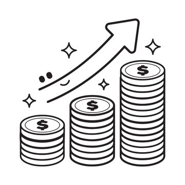 Coin Stacks And Rising Arrow Black And White Vector Illustration