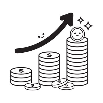 Stacks Of Coins With Rising Arrow Black And White Vector Illustration