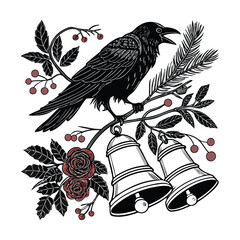 Obraz premium Vintage linocut raven perched on winter branch with bells, gothic crow illustration with red roses and berries, dark academia vector art