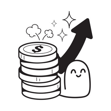 Stack of coins with upward arrow black and white line illustration
