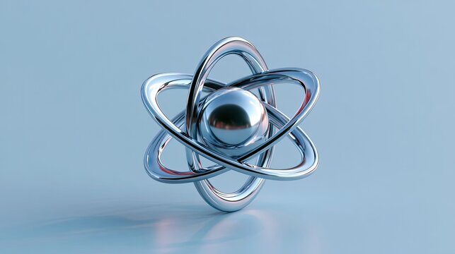 Gleaming, polished metallic atom model with intertwined orbits and central sphere