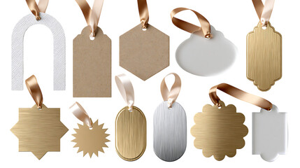 Obraz premium Set of blank luxury gift tags and paper labels with ribbons isolated on transparent background