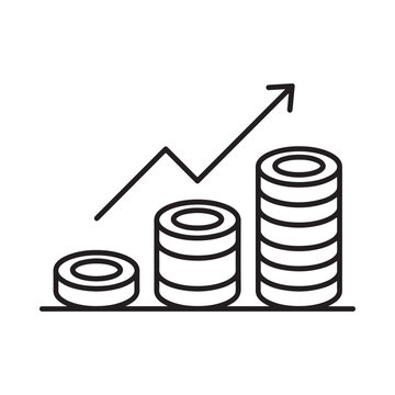 Stacked coins with rising arrow black line vector illustration