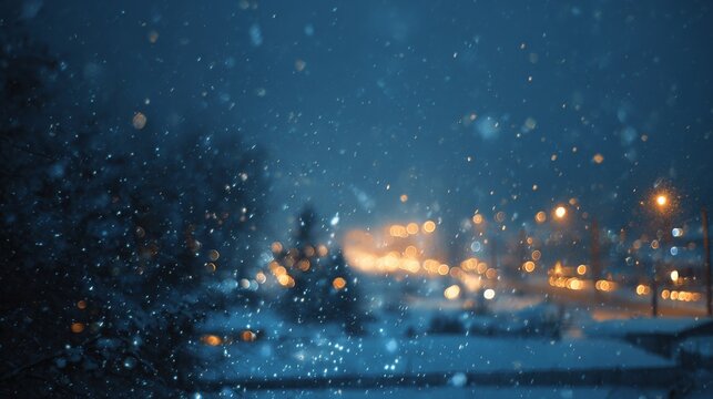 Beautiful Winter Night Scene with Falling Snowflakes and Softly Blurred City Lights in the Background