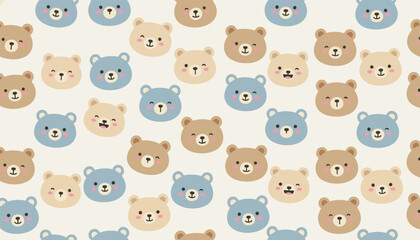 Obraz premium Adorable seamless pattern featuring cute cartoon teddy bear faces with friendly smiles and winks in pastel blue and brown.