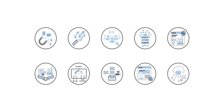 Business marketing and sales funnel vector line icon set, infographics graphs or charts, smartphone payment, clients attraction, management strategy and data analysis, Line art vector eps-10
