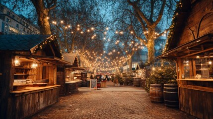 Fototapeta premium Charming Evening Scene of a Festive Christmas Market with Twinkling Lights and Rustic Wooden Stalls