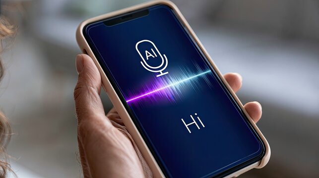 Person holding smartphone displaying AI voice assistant interface with waveform