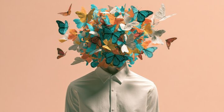 A person in a white shirt with a multitude of colorful butterflies erupting from their head