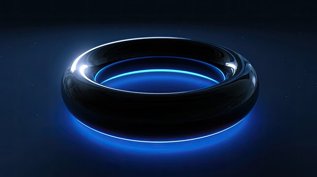 Sleek, dark, toroidal object with internal blue light emanates energy