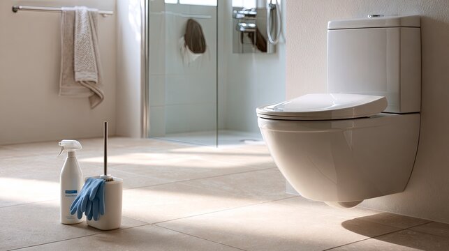 Modern wall-mounted toilet in a bright, tiled bathroom with cleaning supplies
