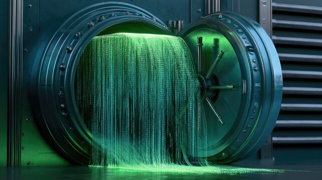 A bright green liquid streams from an open bank vault door