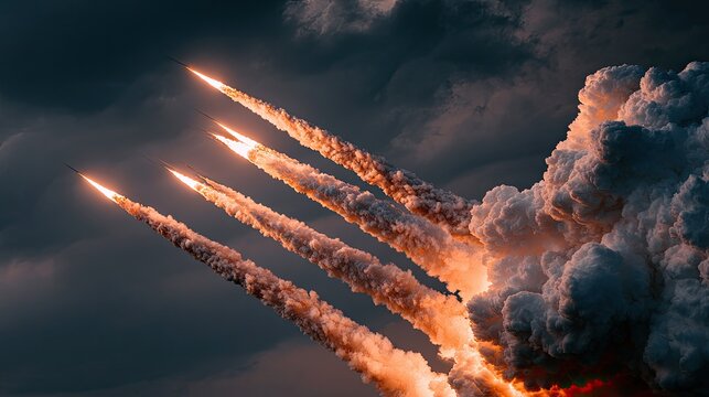 Four fiery projectiles streak upwards against a dramatic, smoky sky