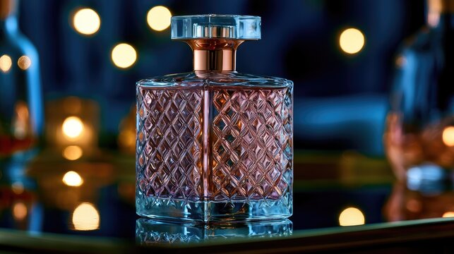 Crystal perfume bottle with etched glass and rose gold accents, soft glow