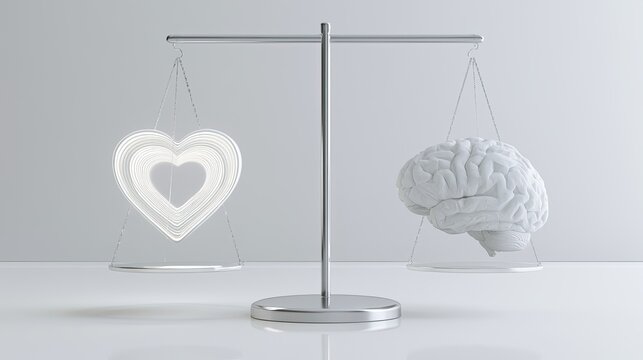 A balance scale weighs a glowing heart against a white brain model