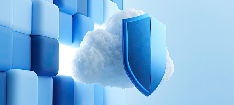 Digital cloud with shield, blue cube wall background, bright light