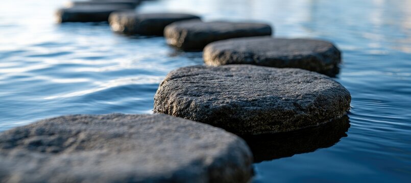 Flat stones form a path across shimmering blue water, leading onward