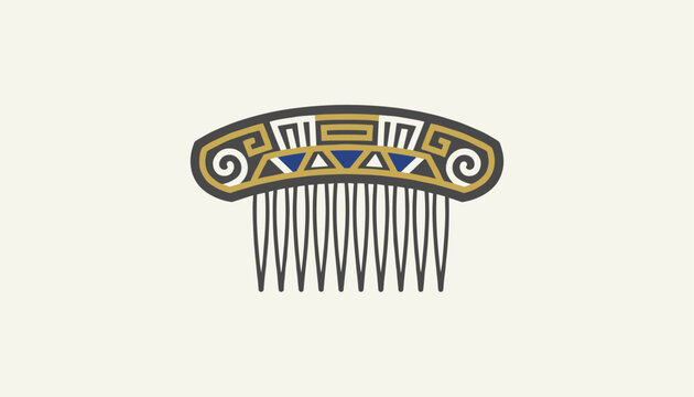 Traditional hair comb ornament features intricate ancient greek patterns in gold, white, and blue on a plain background.