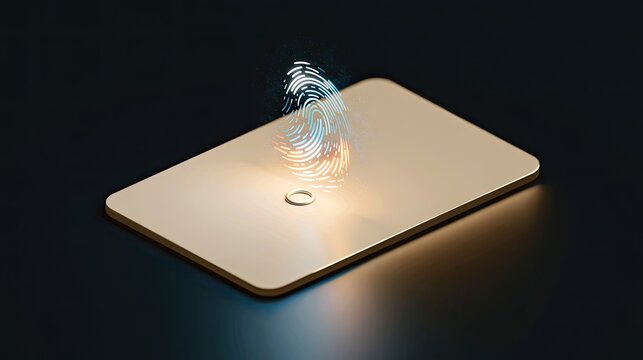 Golden device screen glows with projected fingerprint scan, representing digital access