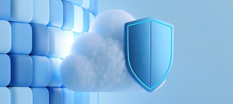 Digital cloud security, protection and data privacy, blue shield icon