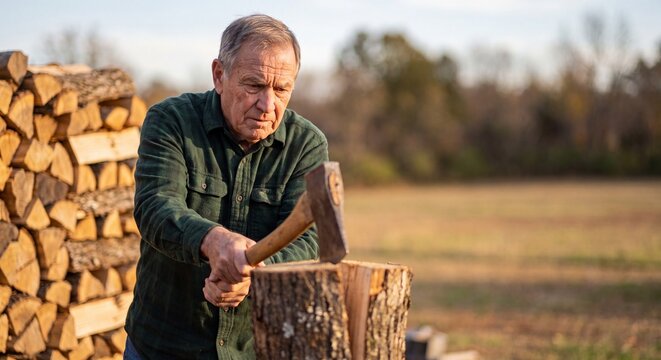 A focused elderly man in a green shirt swinging an axe to split a large wooden log in a field during autumn.