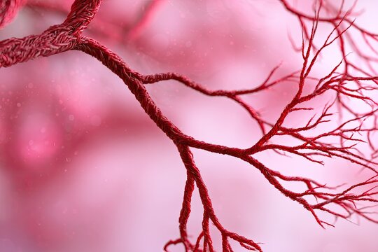 Close-up abstract of a branching red capillary network against a soft pink background