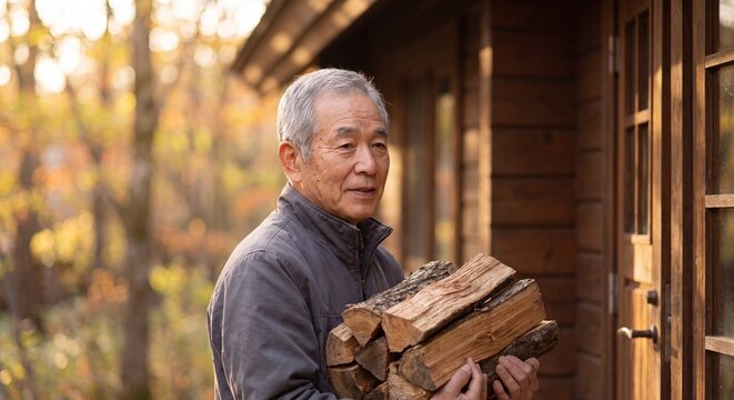 A thoughtful elderly Asian man carrying an armful of chopped firewood towards the door of his wooden cabin in an autumn forest.