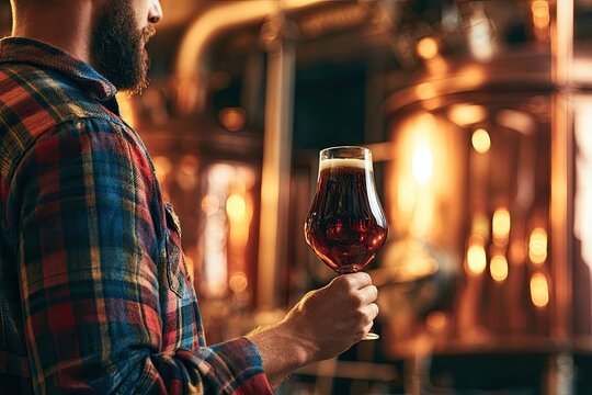 Man in plaid shirt holds goblet of dark amber beer in brewery