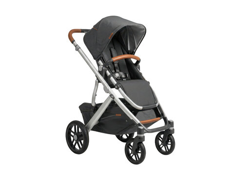 Modern baby stroller with leather handle isolated on transparent background