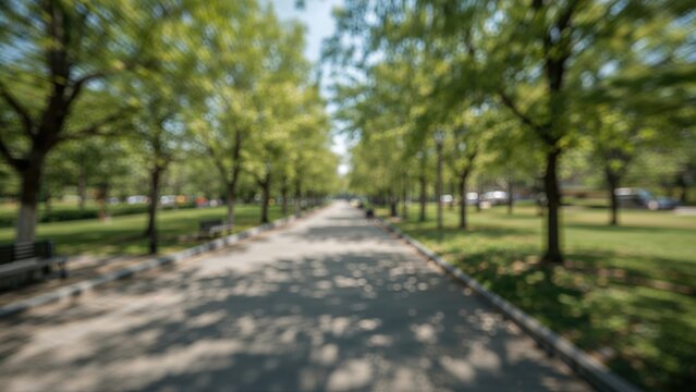 Tree-lined park pathway with benches under green foliage, peaceful outdoor setting, recreational and nature concept.