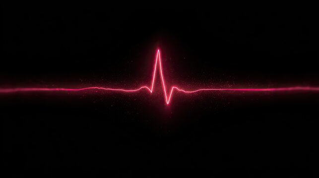 Glowing red heartbeat waveform pulses brightly against a dark, particulate background