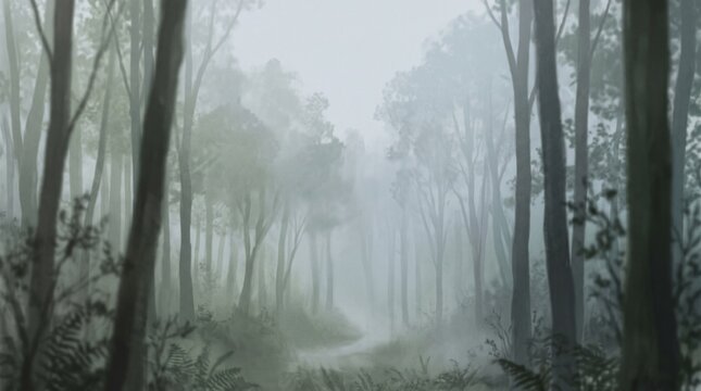 Eerie path through a dense forest enveloped in thick grey morning mist with woodland wilderness landscape atmospheric tranquil