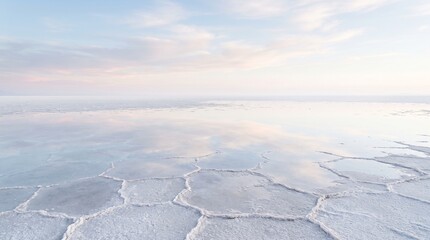 Obraz premium Salt flat landscape with hexagonal crust patterns under pastel sunset sky landscape evaporation wilderness geological environment