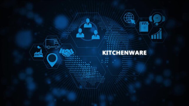Digital kitchenware business concept with animated global network futuristic blue data visualization, e-commerce supply chain management, corporate marketing and modern technology interface