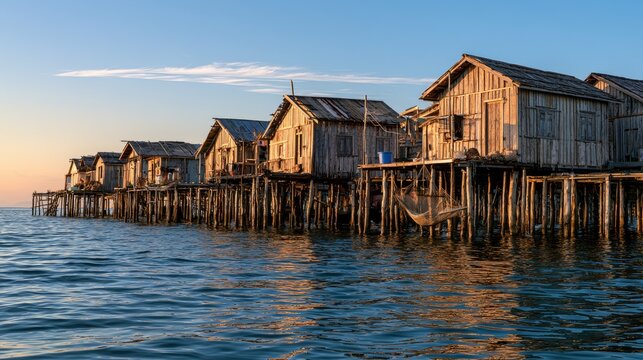 Seaside village of wooden stilt houses at sunset reflecting on water