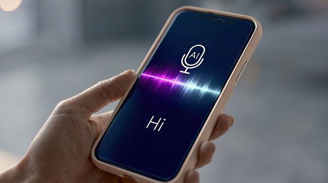 A hand holds a smartphone displaying a digital voice assistant interface