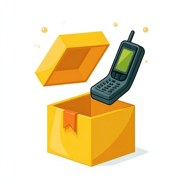 Old-fashioned cell phone emerging from an open yellow box