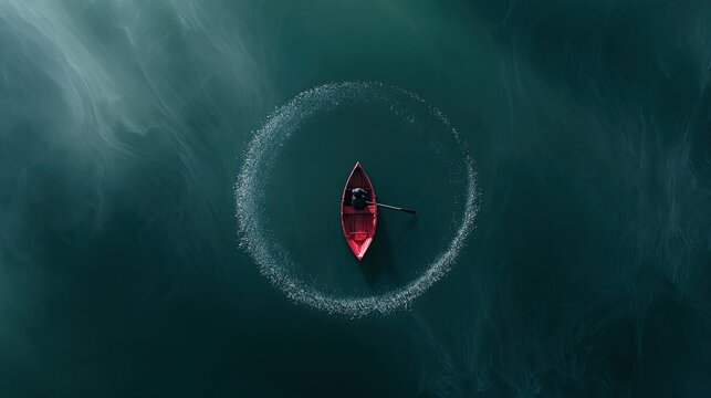 Red canoe spins in dark, swirling water, leaving a frothy wake