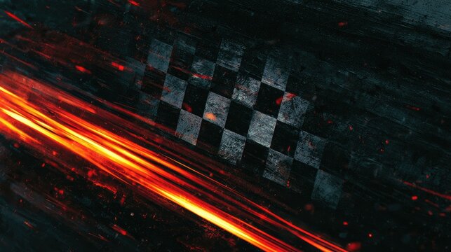 Fiery streaks of light across a distressed checkered flag background