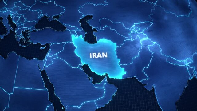 Glowing digital map animation featuring a pulsating highlight on Iran, Middle East, designed for an educational documentary or horizontal presentation backdrop.

